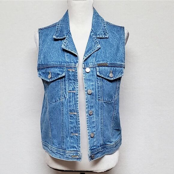 VINTAGE 1980s Jones New York Stone Wash Light Wash Button Up Denim Vest Large - Picture 2 of 10